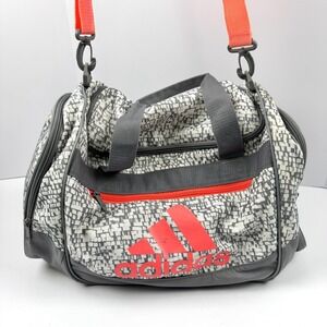 Adidas Gym Duffel Bag Gray White Pixel Print Orange Strap Travel Ventilated